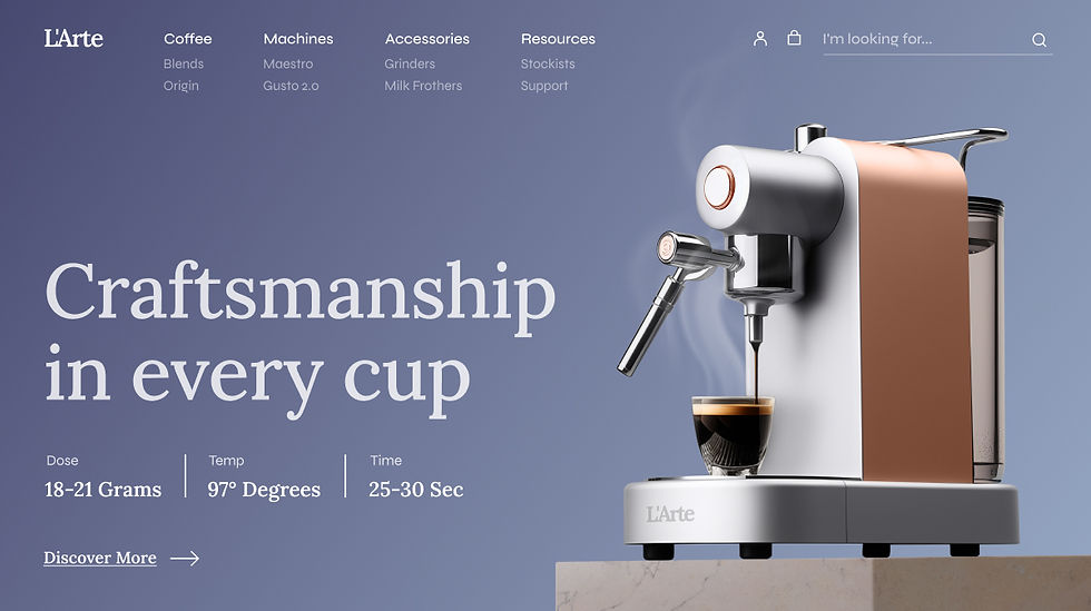 O site do fabricante de máquinas de café expresso L'Arte, mostrando uma máquina de café expresso moderna para uso doméstico e um slogan com a frase "Craftsmanship in every cup". Ao redor, há painéis que mostram trechos de código e métricas de desempenho do site.