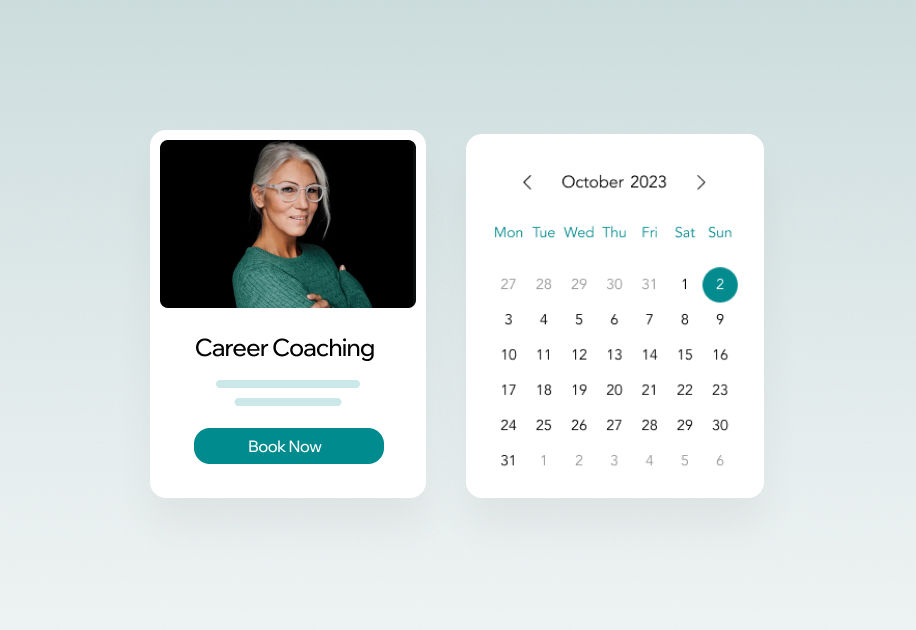 A service card for 'Career Coaching' with a 'Book Now' button and a photo of a smiling professional woman, alongside a calendar for October 2023.