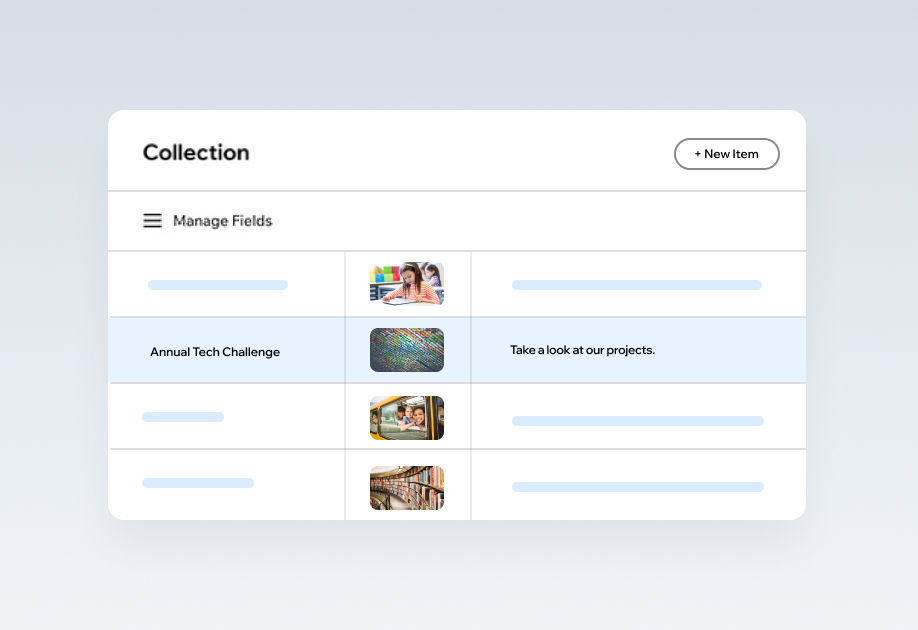 A web interface titled 'Collection' with 'Manage Fields' and '+ New Item' options, displaying rows of items with images and placeholder texts.