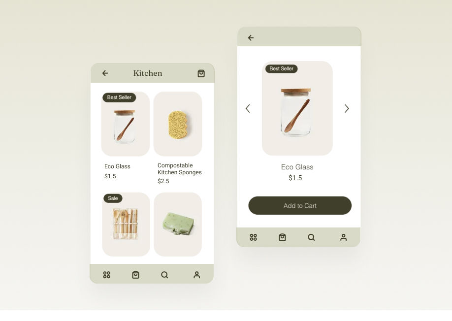 Mobile app screens showing eco-friendly kitchen products, with 'Best Seller' tags and 'Add to Cart' buttons.