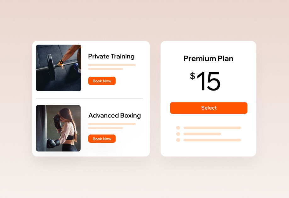 Two service cards on the left show 'Private Training' and 'Advanced Boxing' with 'Book Now' buttons, and a 'Premium Plan' pricing card on the right at $15 with a 'Select' button.