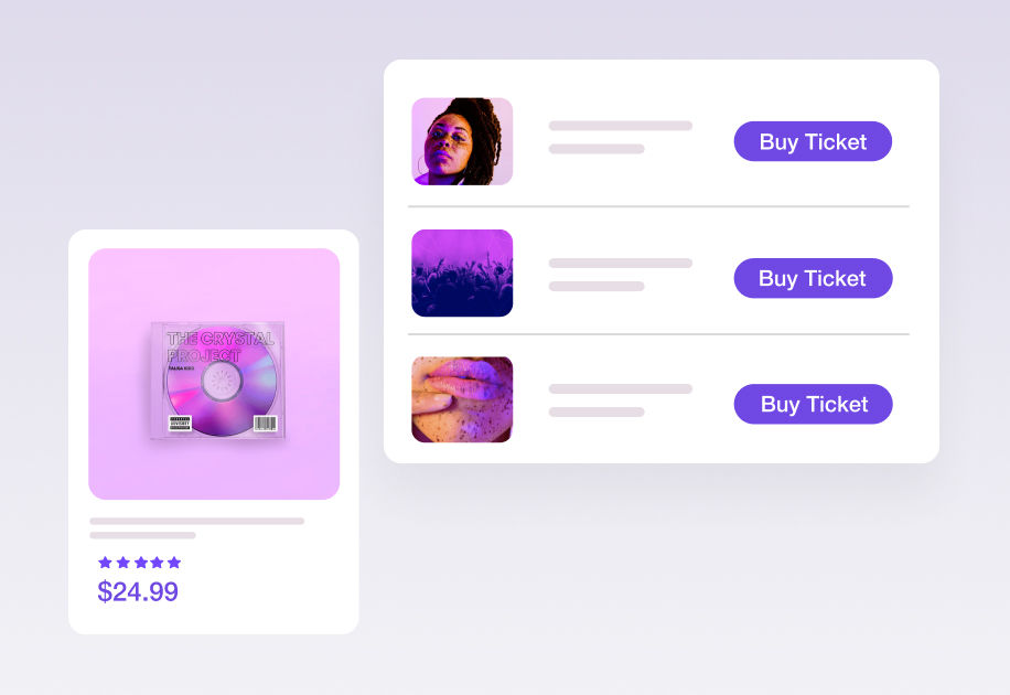 A web graphic displays a purple album titled 'The Crystal Project' for $24.99 on the left, and on the right, three event options with 'Buy Ticket' buttons and placeholder images.