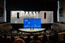 Andrew Ross Sorkin with vice president Kamala Harris during the DealBook Summit at Lincoln Center in New York City.