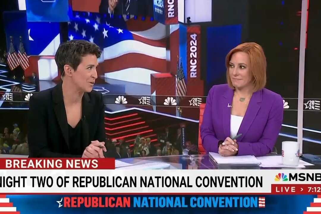 MSNBC has been broadcasting from a studio in Midtown Manhattan, as a live feed of the convention floor is shown on a screen behind them.