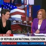 MSNBC has been broadcasting from a studio in Midtown Manhattan, as a live feed of the convention floor is shown on a screen behind them.