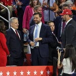 David Sacks, a tech entrepreneur and podcaster, left, and J.D. Vance, the Ohio senator and vice-presidential hopeful, middle, at the Republican National Convention on Monday.