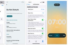 Both Apple and Google include features in their phone software designed to help you get distraction-free sleep sessions. From left, the iOS Sleep Schedule screen, Android’s Do Not Disturb controls, the Sleep settings in the iOS Health app and a morning alarm on an Android phone.