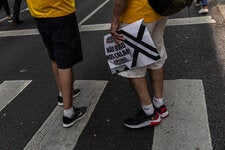 Protesters criticizing the Brazilian Supreme Court’s decision to ban X during a demonstration in São Paulo this month. 