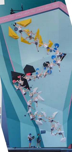 A composite image showing multiple frames of Janja Garnbret of Slovenia navigating the many holds on the lead wall during the semifinals. She made it to the top with one hand, but not both, earning 96.1 points out of 100.