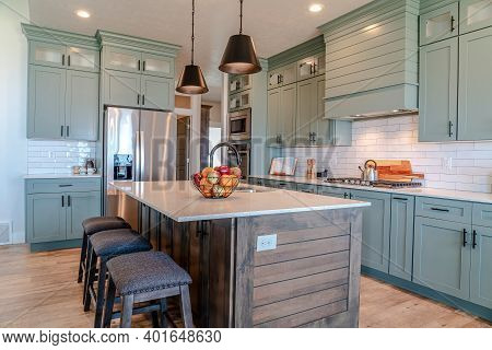 Kitchen Island With Cushioned Stools Inside Home Kitchen With Built In Cabinets