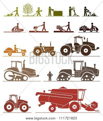 Set of different types of gardening and agricultural vehicles and machines. Mower, trimmer, saw, cultivator, tractors, harvesters, combines and excavators. Icon set of working machines.