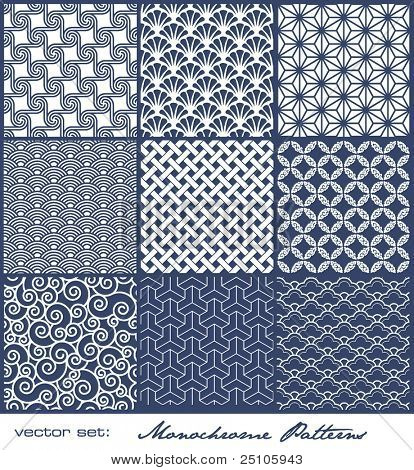 set of nine monochrome geometrical patterns (seamlessly tiling)