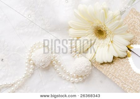 textile wedding background, card pearls and flower