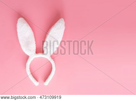 Easter Mock Up With Ears Rabbit On Pink Background, Copy Space, Flat Lay, Top View