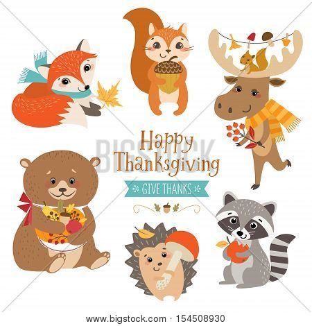 Set of cute forest animals for Thanksgiving design.