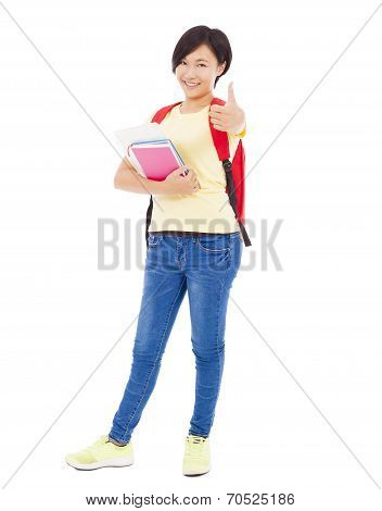 Full Length Of  Student Girl Standing And Thumb Up