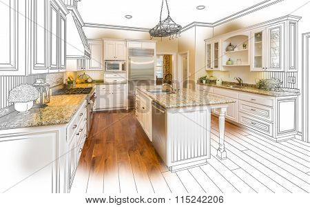 Beautiful Custom Kitchen Design Drawing and Brushed In Photo Combination.