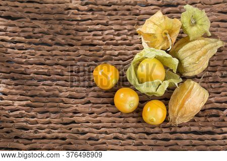 Golden Berry, Tropical Fruit Uchuva. Top View - Physalis Peruviana