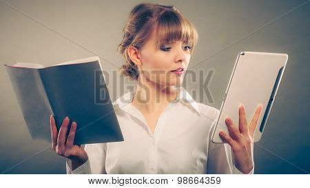 Woman Learning With Ebook And Book. Education.