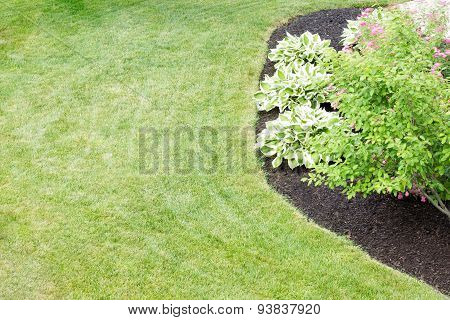 Mulched Flowerbed In A Neatly Manicured Green Lawn