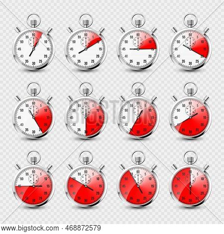 Realistic Classic Stopwatch Icons. Shiny Metal Chronometer, Time Counter With Dial. Red Countdown Ti