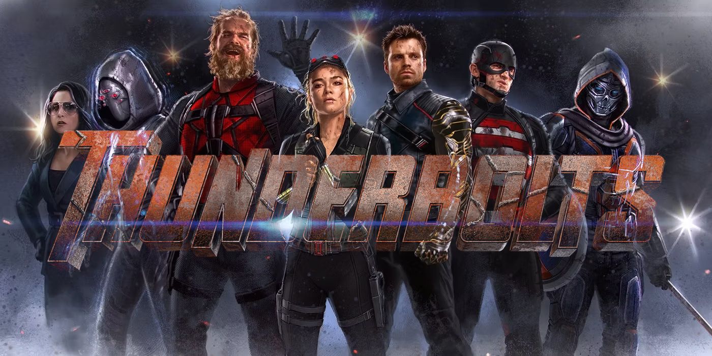 Marvel Studios' Thunderbolts stand together cast with the film's logo.