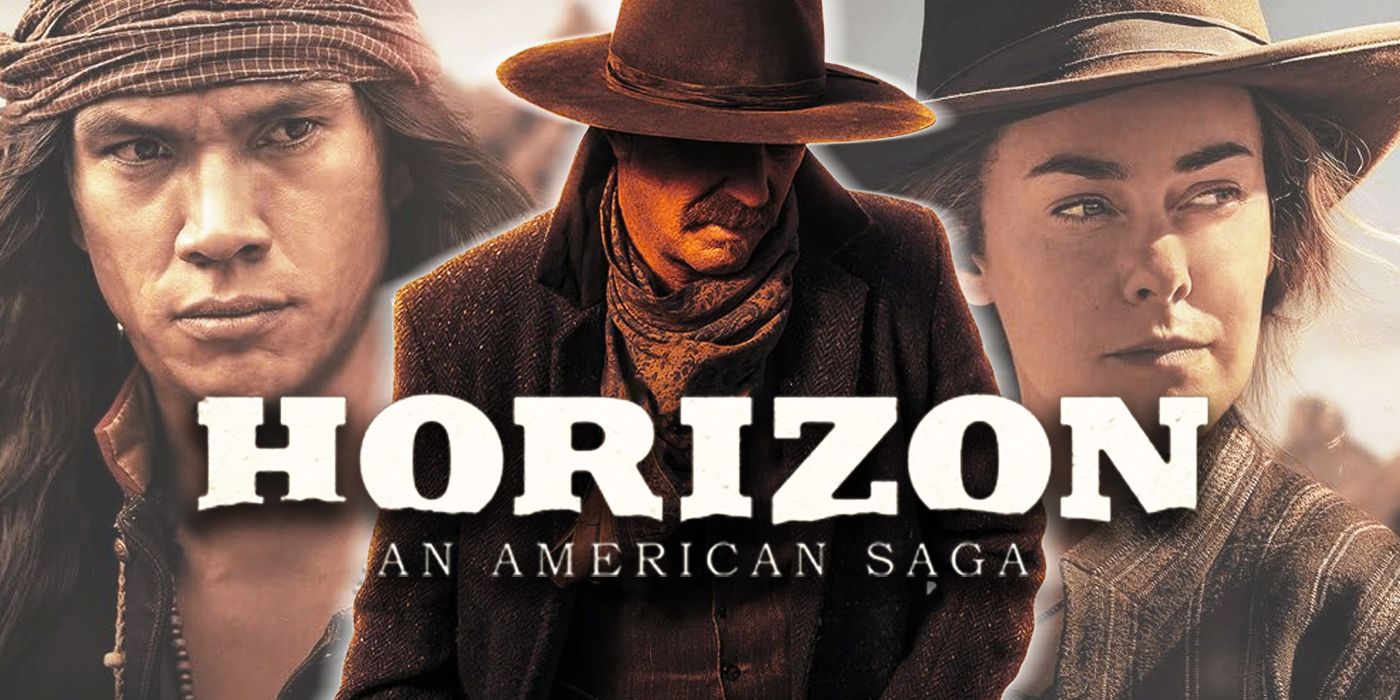 Kevin Costner front and center behind the Horizon: An American Saga movie logo