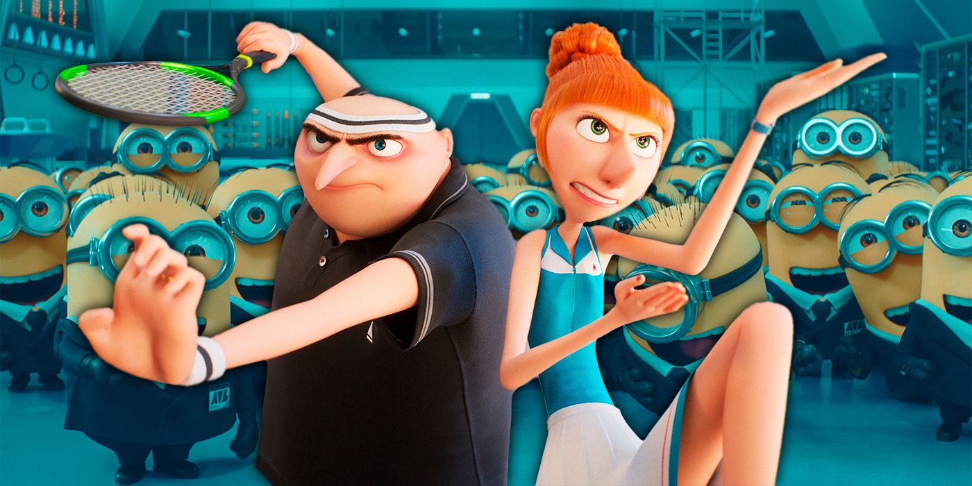 Gru and Lucy dressed for tennis, strike fighting poses with the Minions behind them.