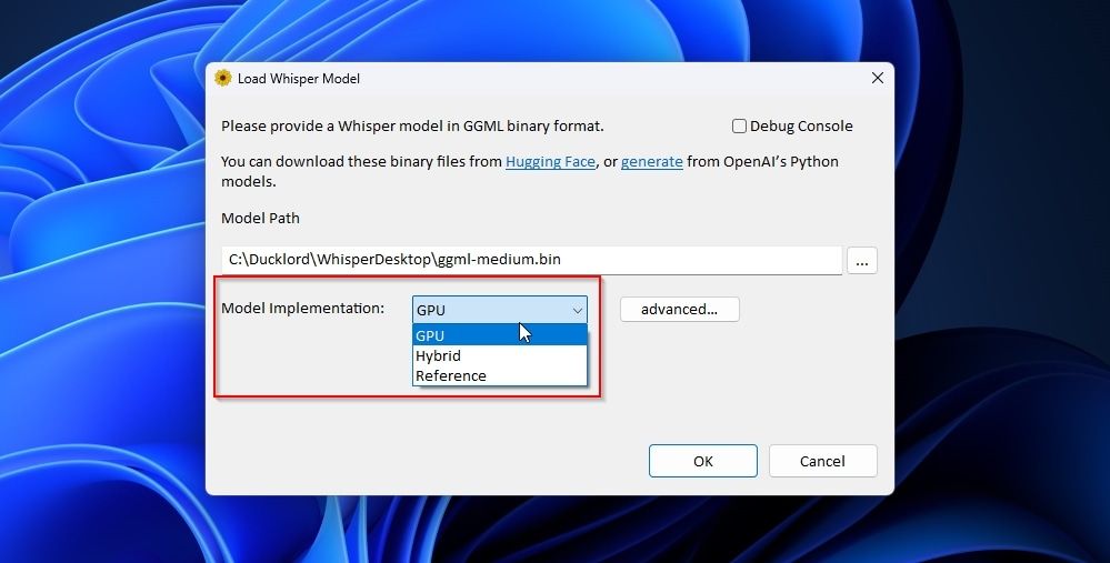 Whisper Desktop Selecting Model Implementation