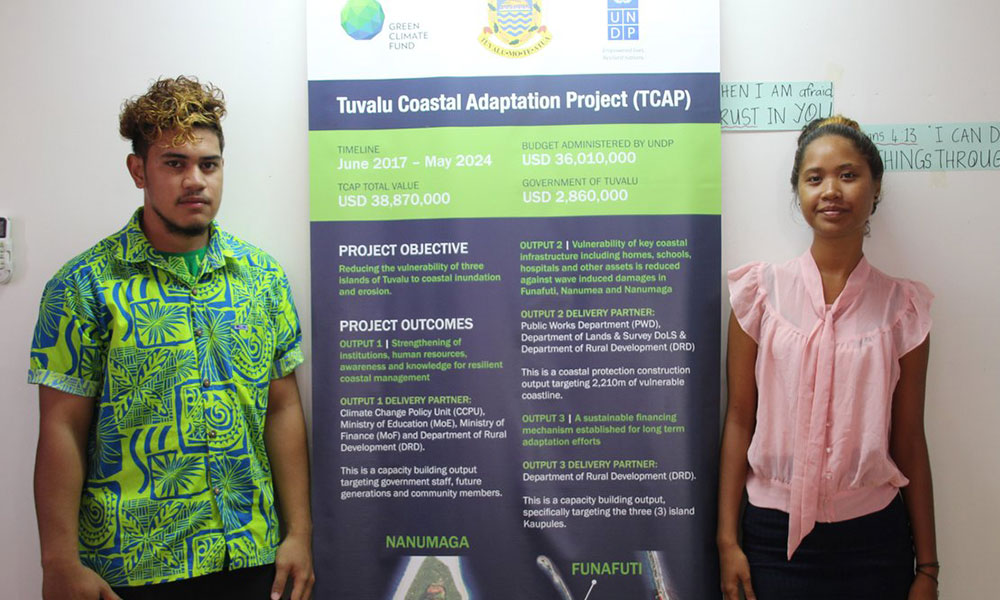 Two students from Tuvalu, Palaku Vaolilo Sakaio (left) and Tanu Sumeo have been granted university scholarships under the Tuvalu Coastal Adaptation Project. February 2018. Photo: Merana Kitione/UNDP