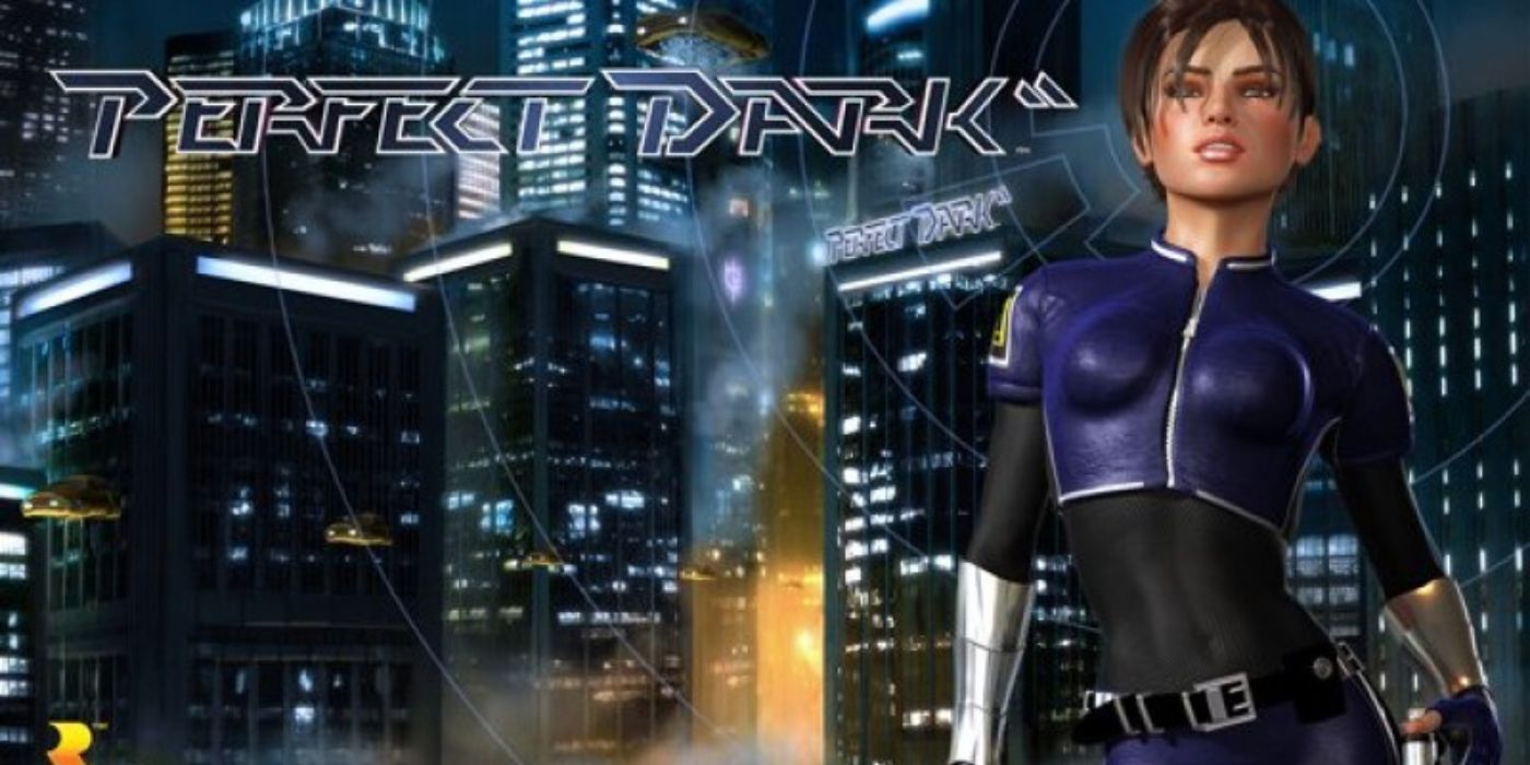 Arte promocional de Joanna Dark em frente a uma paisagem urbana noturna Perfect Dark XBLA Remaster