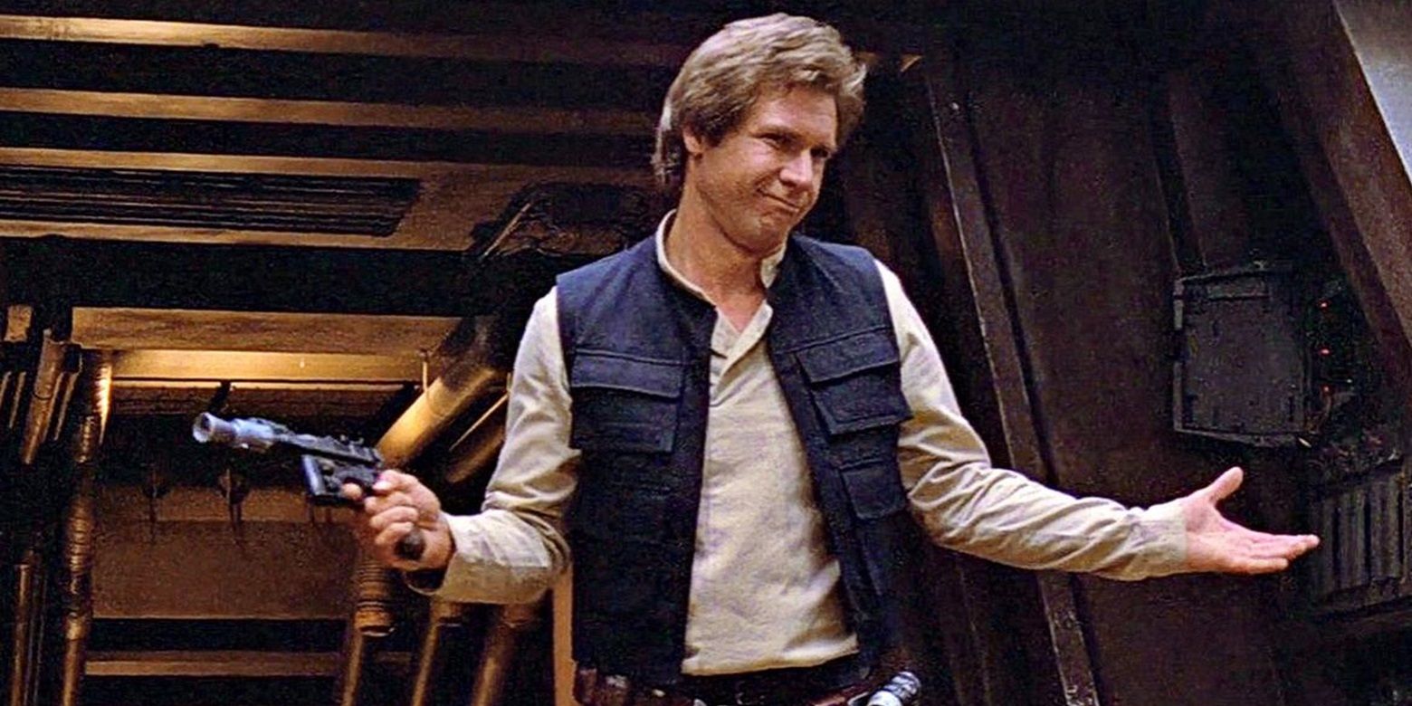 Han Solo (Harrison Ford) encolhendo os ombros e sorrindo em O Retorno de Jedi