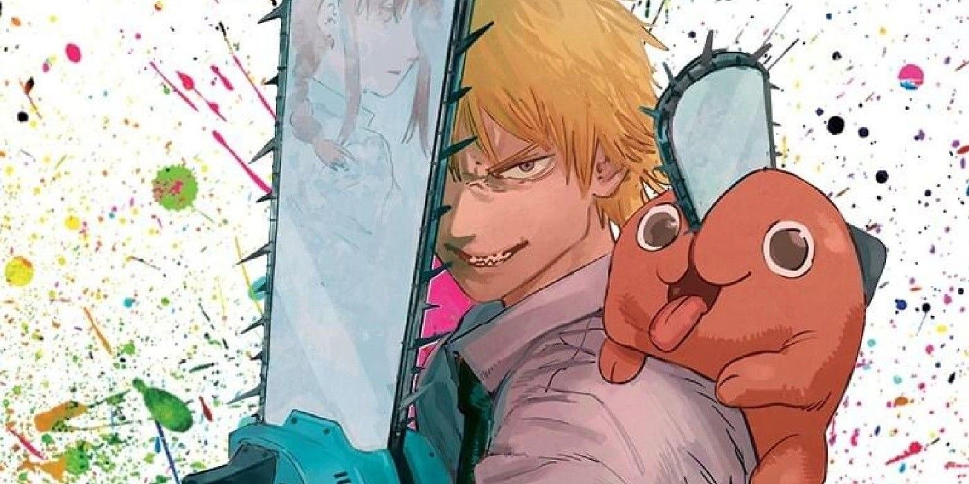 Denji and Pochita from Chainsaw Man volume 1 smiling while Denji wields a chainsaw