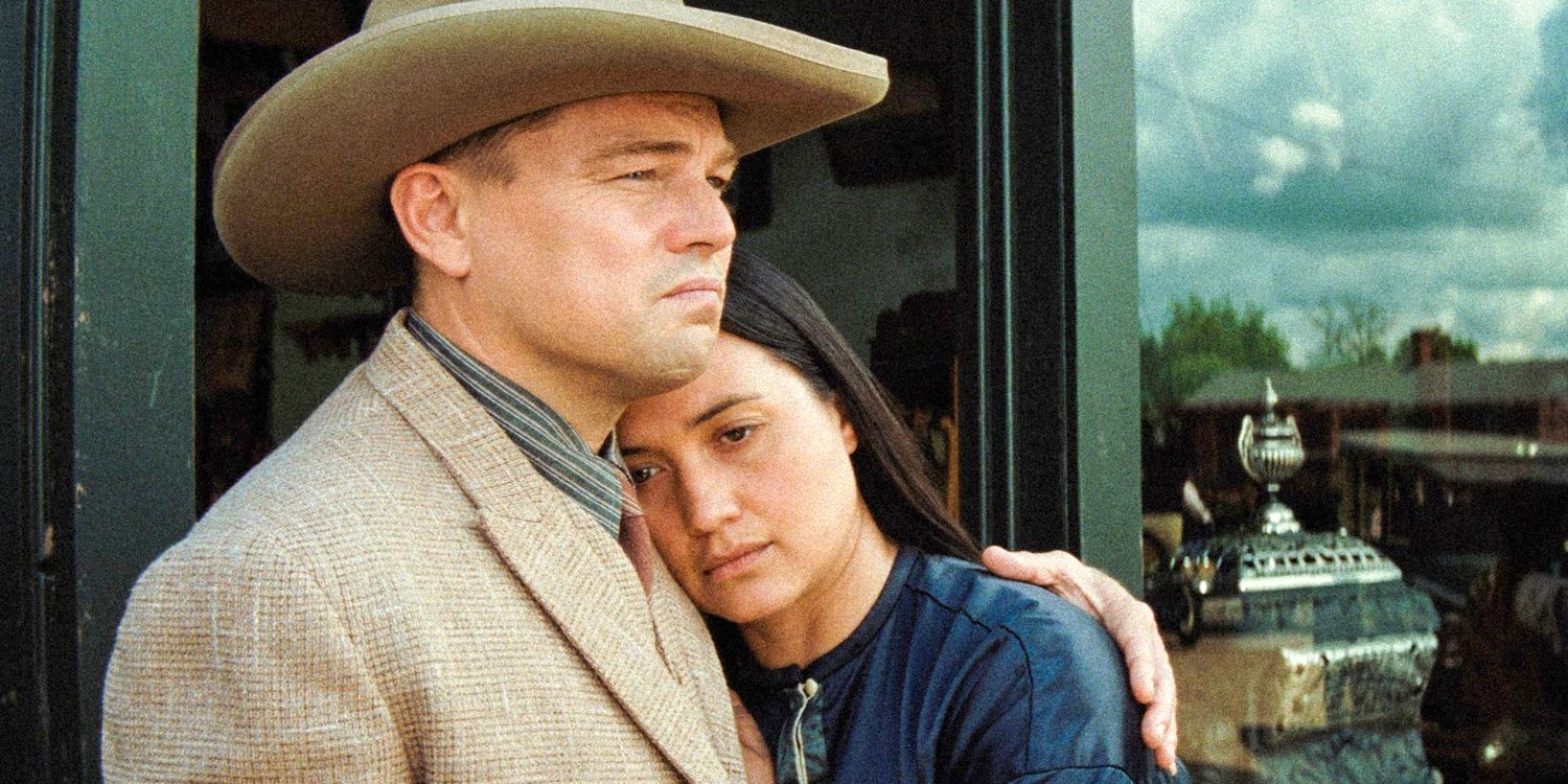 Lily Gladstone as Mollie Burkhart and Leonardo DiCaprio as Ernest Burkhart in Killers of the Flower Moon.