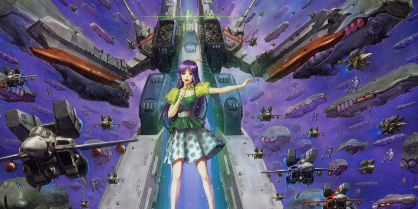 Macross Minmay Lynn cantando na frente de um robô alto