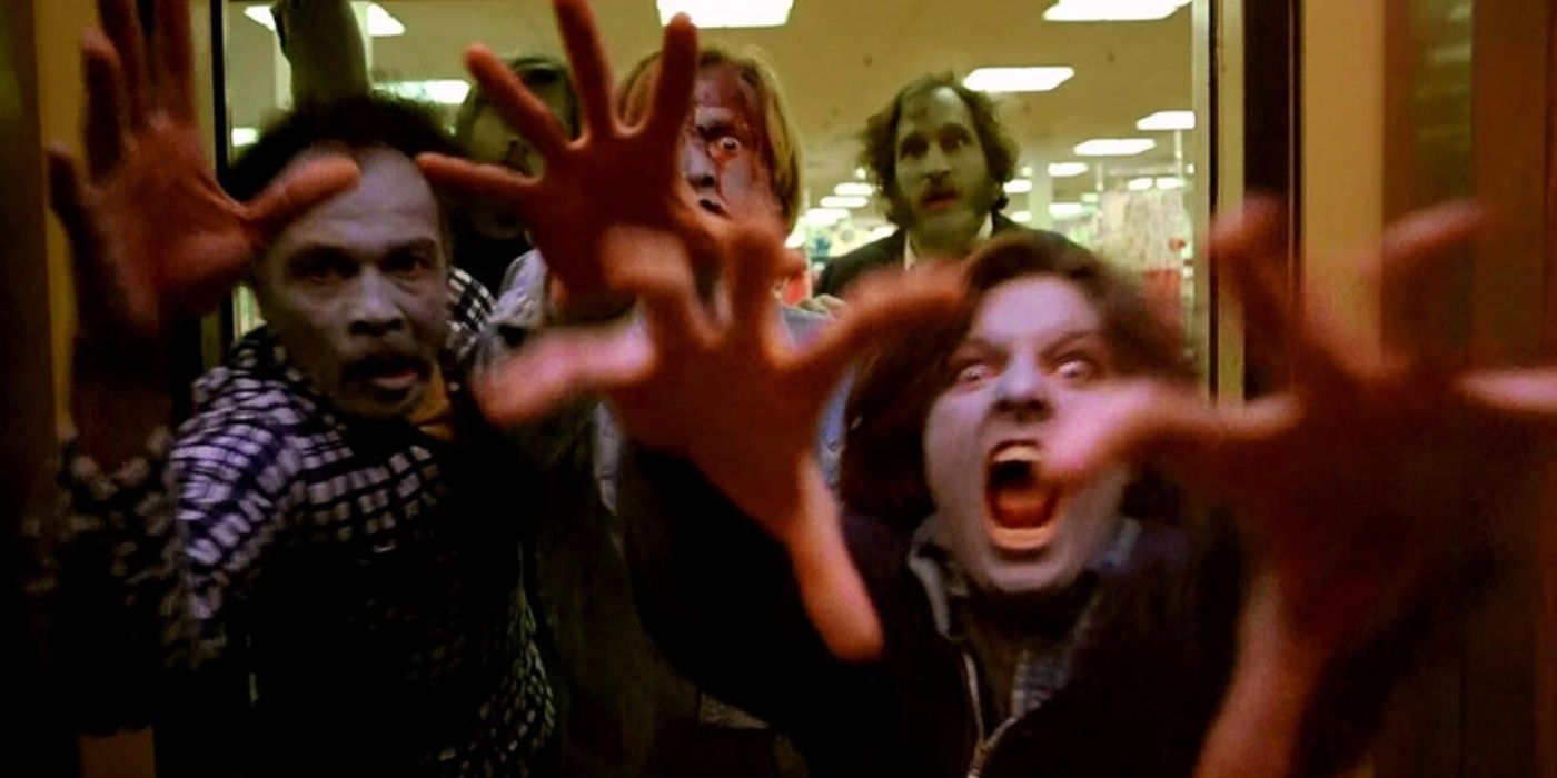 Zumbis invadem um elevador e avançam em direção à câmera em Dawn of the Dead