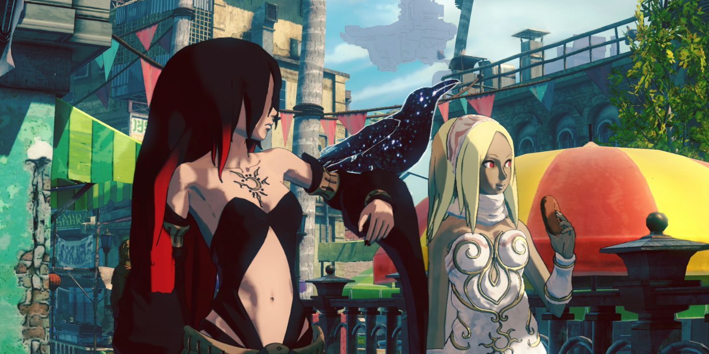 Raven posando com seu pássaro ao lado de Kat, que está segurando uma rosquinha, em Gravity Rush 2