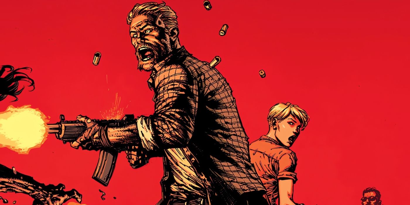 Arte em quadrinhos: Abraham atirando em zumbis na série de quadrinhos The Walking Dead.