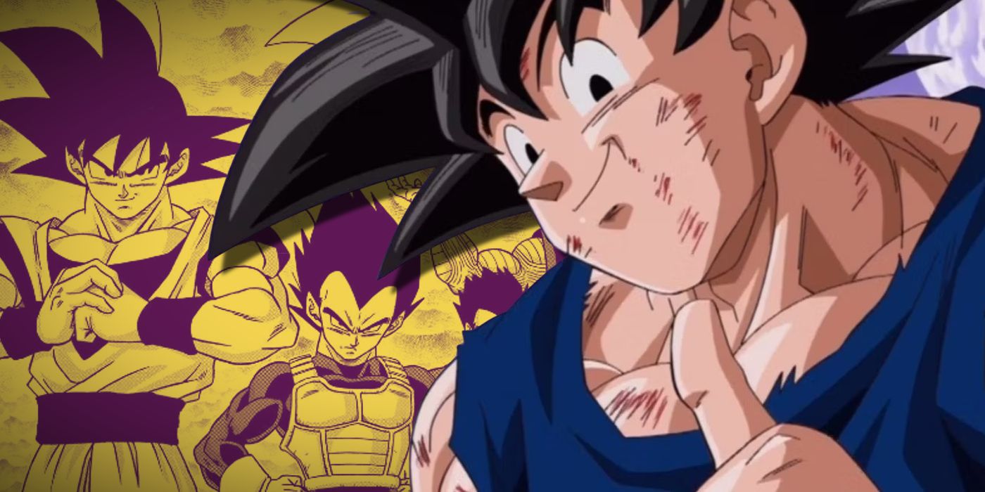 Goku fazendo sinal de positivo ao lado de um painel de mangá de Goku e Vegeta se preparando para uma luta.