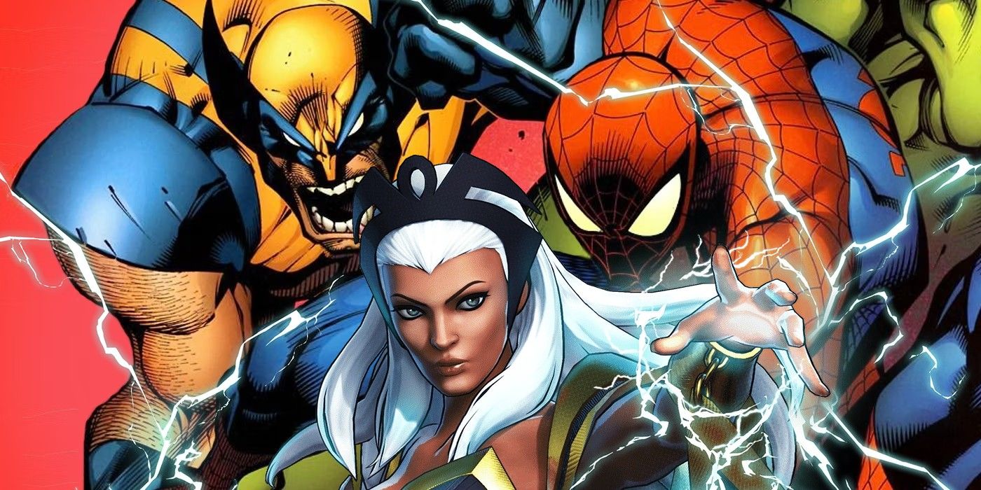 Tempestade (primeiro plano, centro) invocando relâmpagos; Wolverine (esquerda) e Homem-Aranha (direita) atrás dela