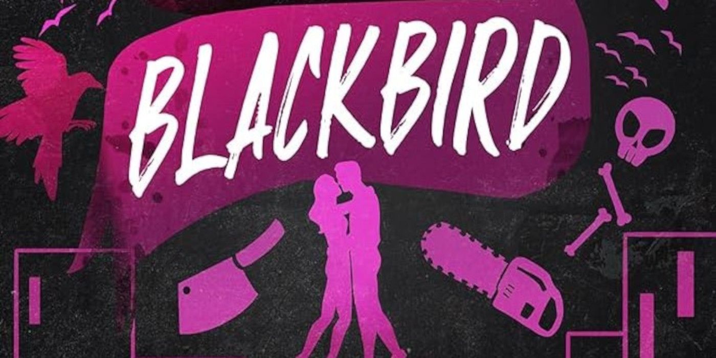 Capa de Butcher and Blackbird com a palavra "Blackbird", um casal se beijando e armas rosa