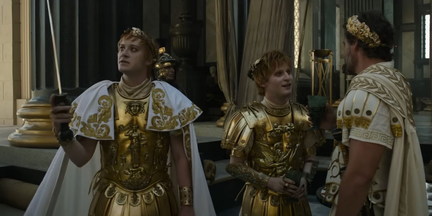 A still from the Gladiator 2 revealing two emperor brothers, Geta and Caracalla.