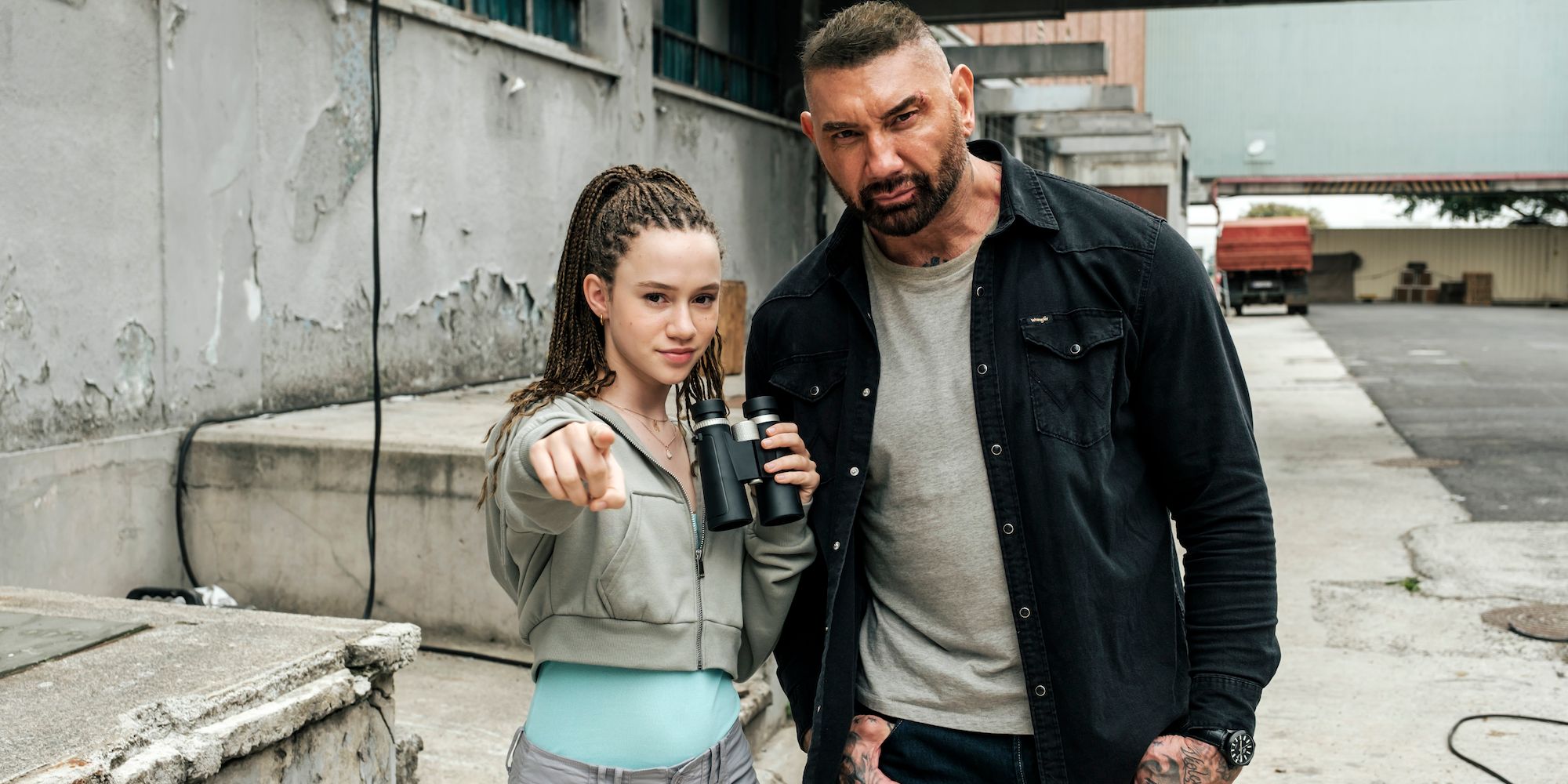 Chloe Coleman and Dave Bautista on the set of My Spy The Eternal City 