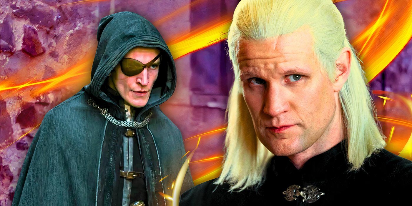 Ewan Mitchell as a cloaked Aemond Targaryen next to Matt Smith as Daemon Targaryen in House of the Dragon season 2 (2024)