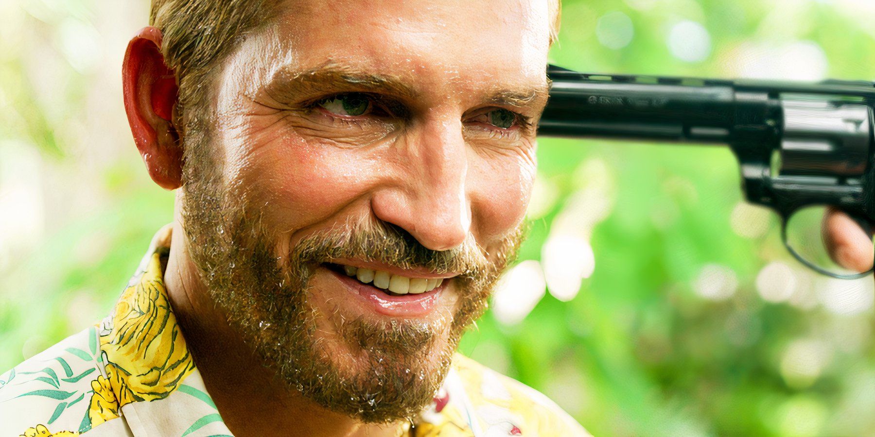 Jim Caviezel smiling with a gun to his head in Sound of Freedom