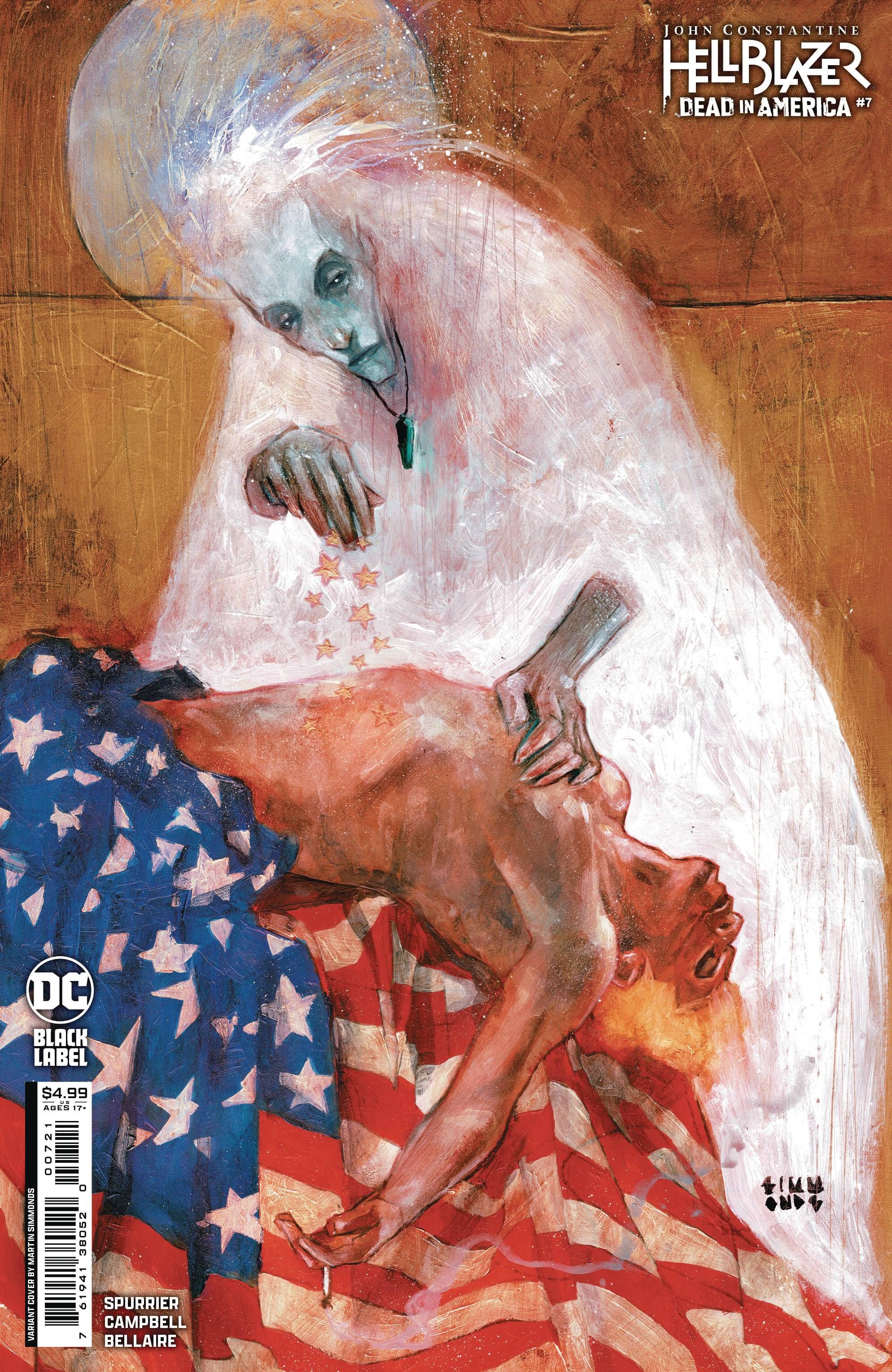 John Constantine Hellblazer Dead in America 7 Simmonds Variant Cover: Constantine esfaqueado por um fantasma enquanto usava a bandeira americana.