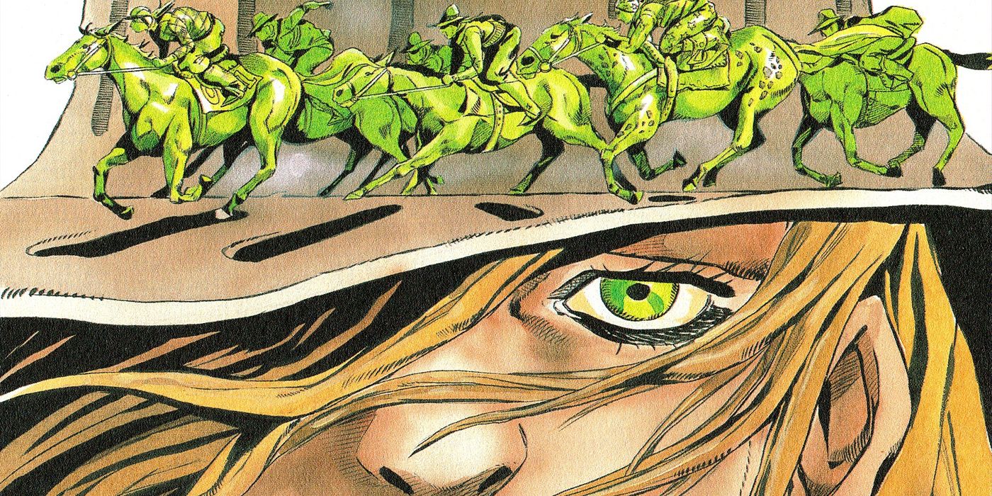 Os olhos de Gyro Zeppeli com o cavalo correndo na aba do chapéu.