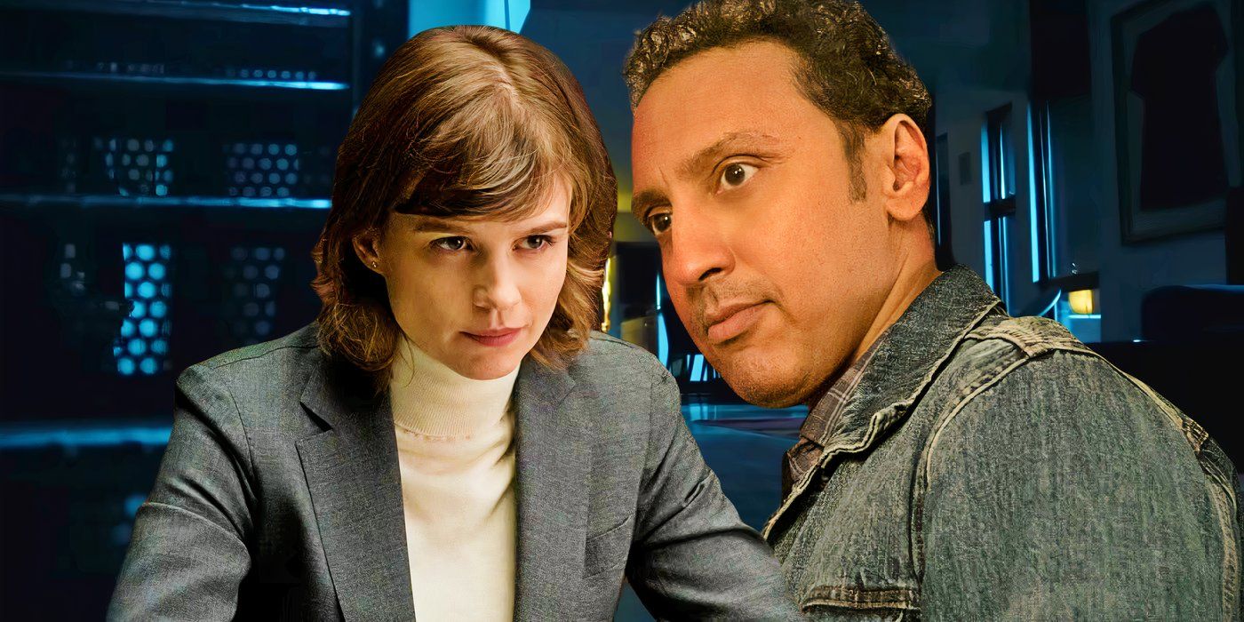 Katja Herbers as Dr. Kristen Bouchard and Aasif Mandvi as Ben Shakir staring at each other in a dark room in an Evil custom image