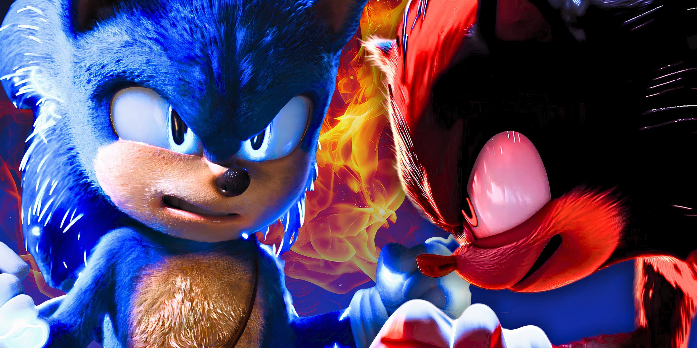 Sonic glaring next to Shadow looking confident with fire in the background from Sonic the Hedgehog