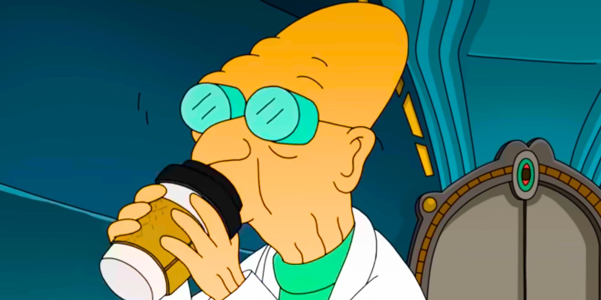 Professor Farnsworth drinking coffee in Futurama